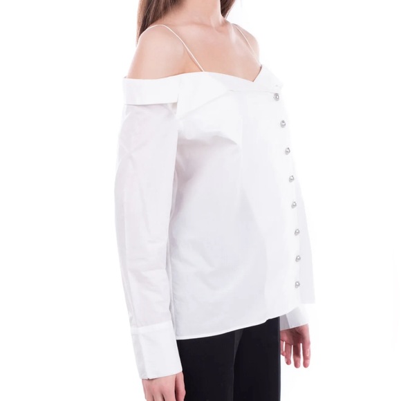 $1464 BALMAIN Off Shoulder white Shirt FR38 US6  M Branded Buttons Overlay NWT - Picture 3 of 6
